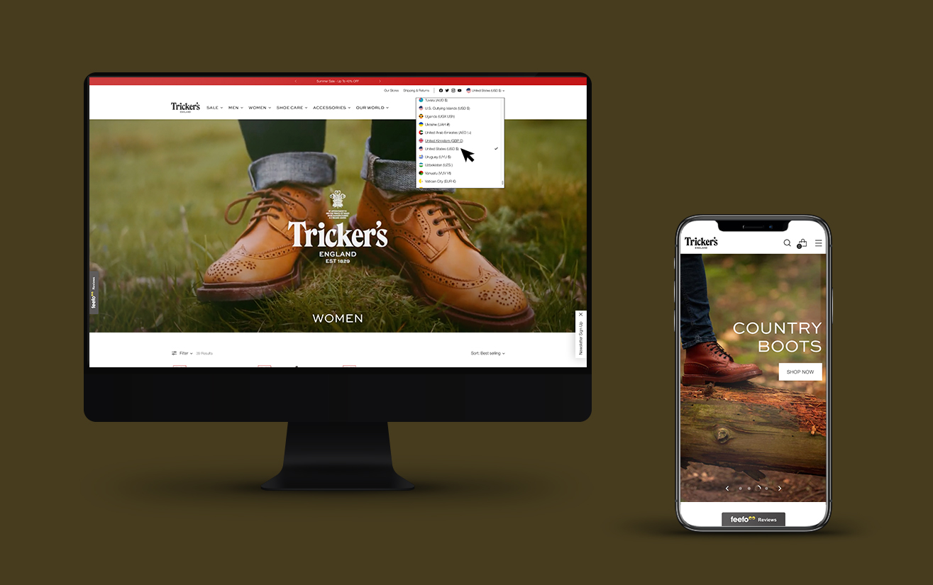 Trickers website shown on desktop and mobile