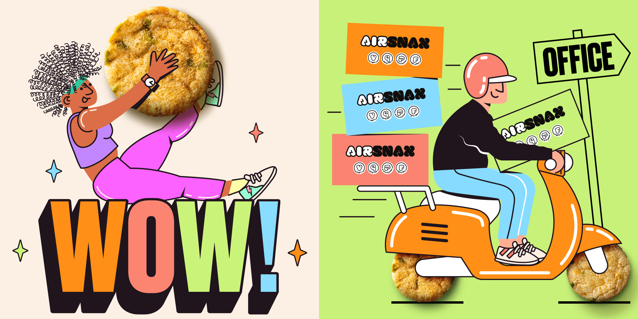 Illustrations created by Farrows for the brand Airsnax, using bright colours and a fun style, the Airnsax product is used within the illustration