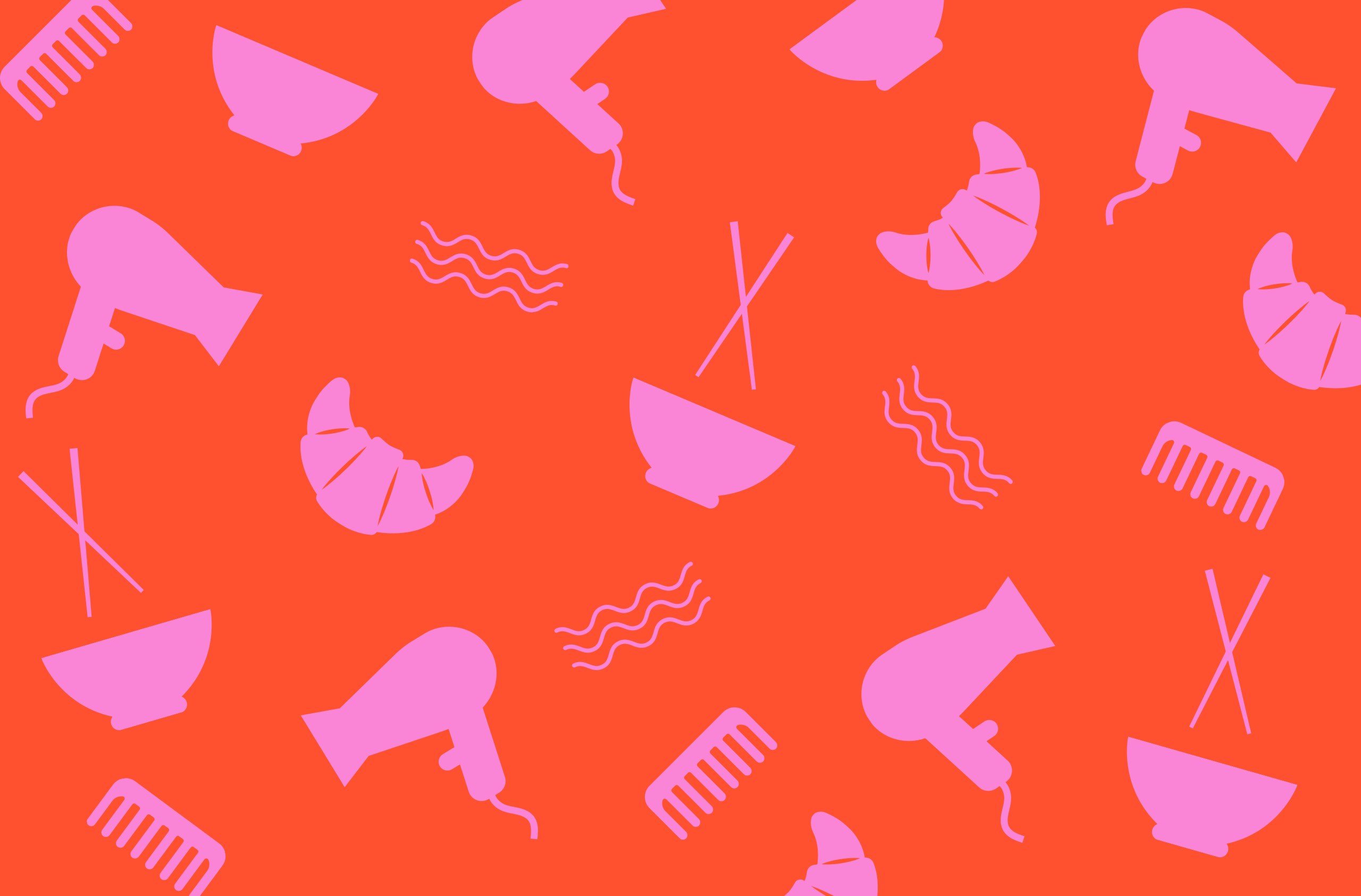 Unit 9 pattern, showing bright pink hairdryers, Bowls, combs and croissants